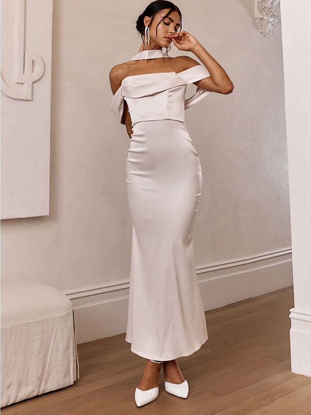 Selfie Leslie Off-Shoulder Satin Midi Dress in Ivory- worn once! Like new.